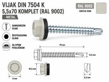 VIJAK DIN 7504 K 5,5x70 KOMPLET (RAL 9002)-METAL